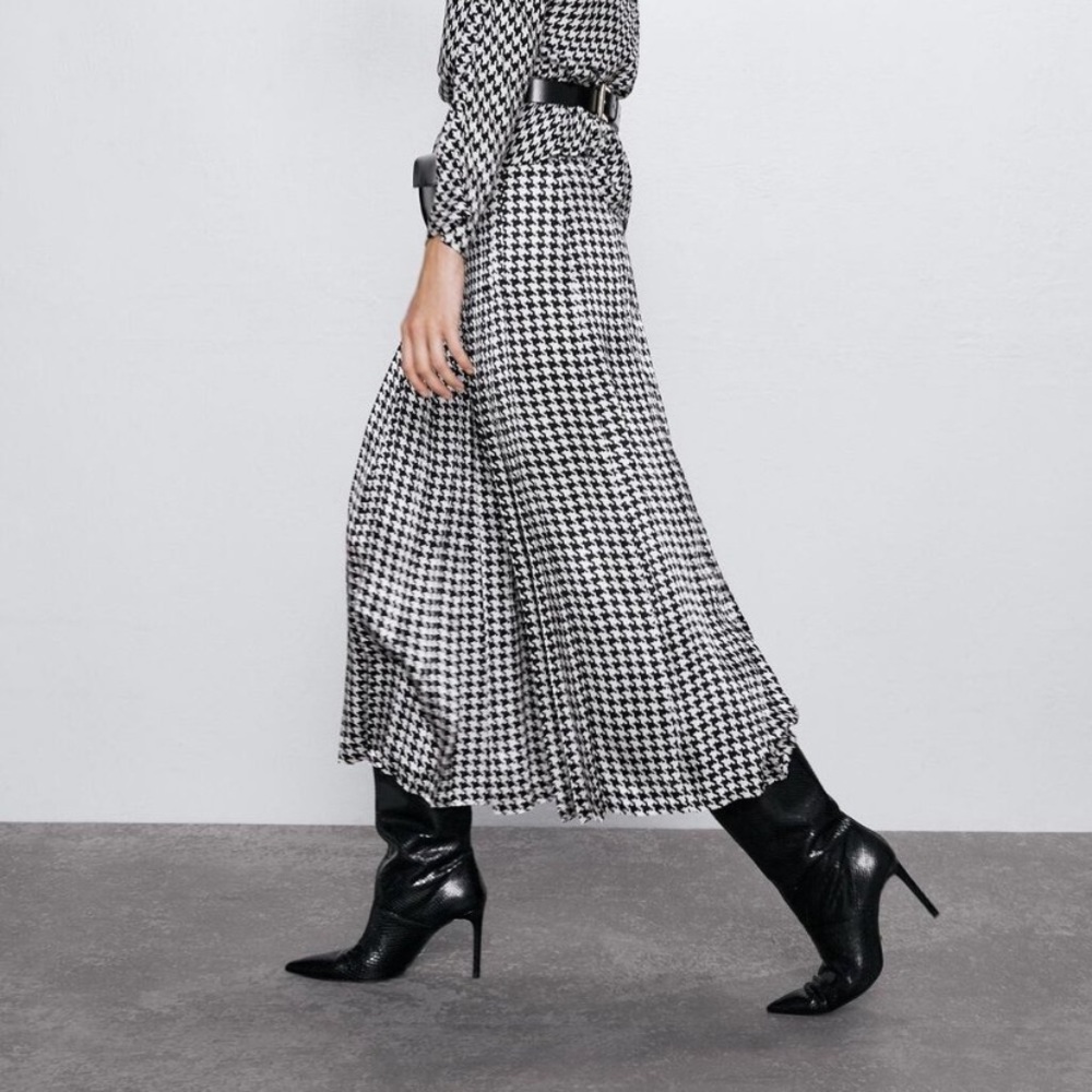 Zara satin houndstooth box pleat maxi skirt black white - Picture 2 of 9